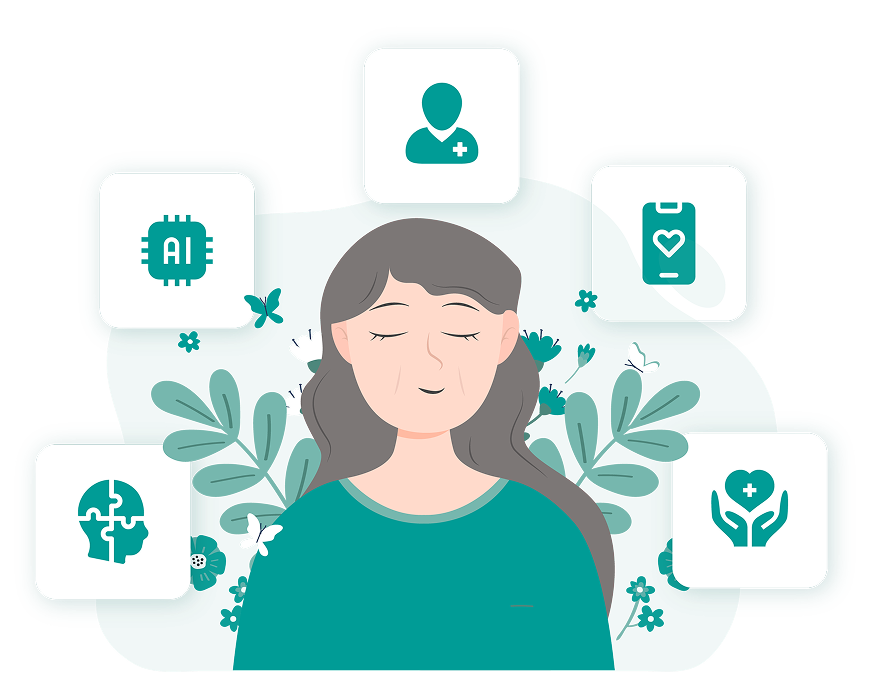 Healthcare professional surrounded by AI-powered care icons including medical support, health monitoring, mental health care, and compassionate treatment